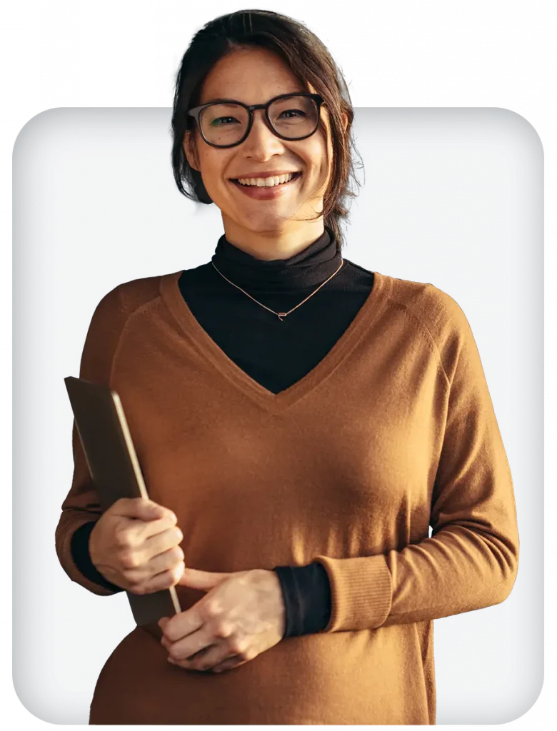 woman smiling with tablet